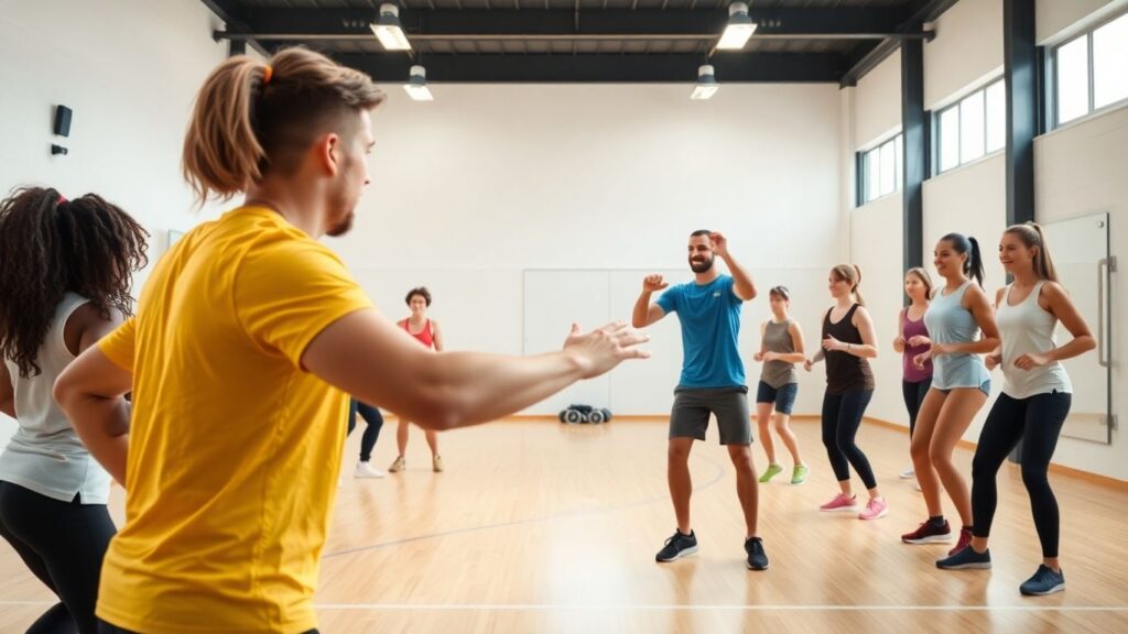 Trainer leitet Sportübung an, Teilnehmer machen mit.
