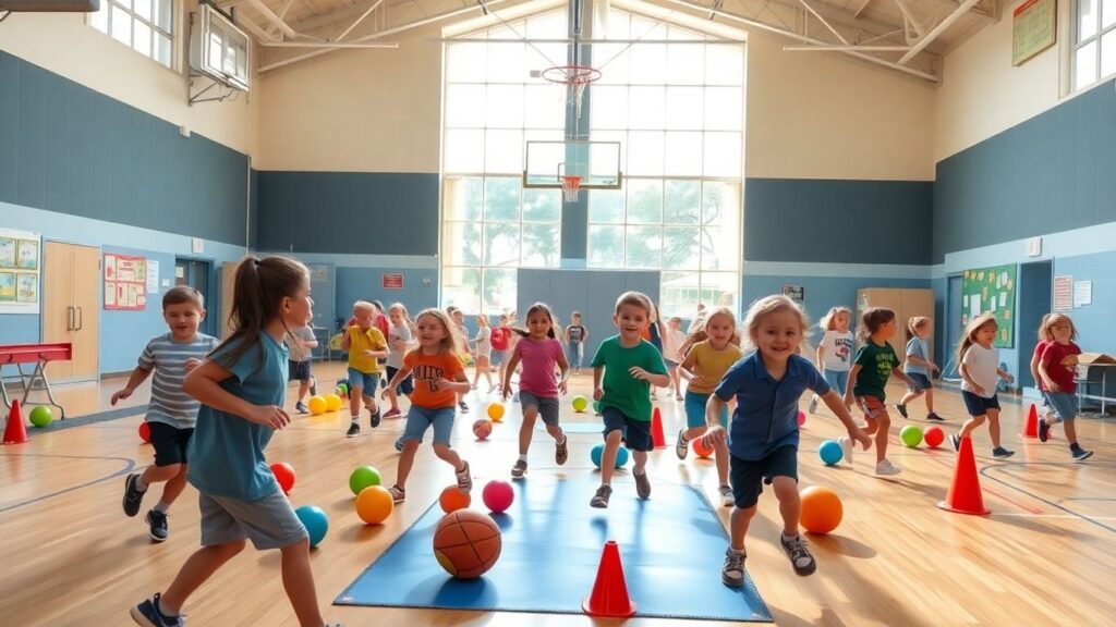 Grundschulkinder spielen mit bunten Sportgeräten im Turnunterricht.