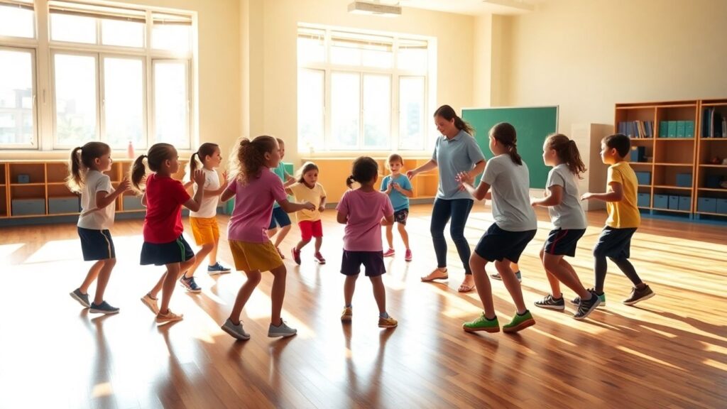 Schüler und Lehrer bei einer Sportstunde im Klassenzimmer.