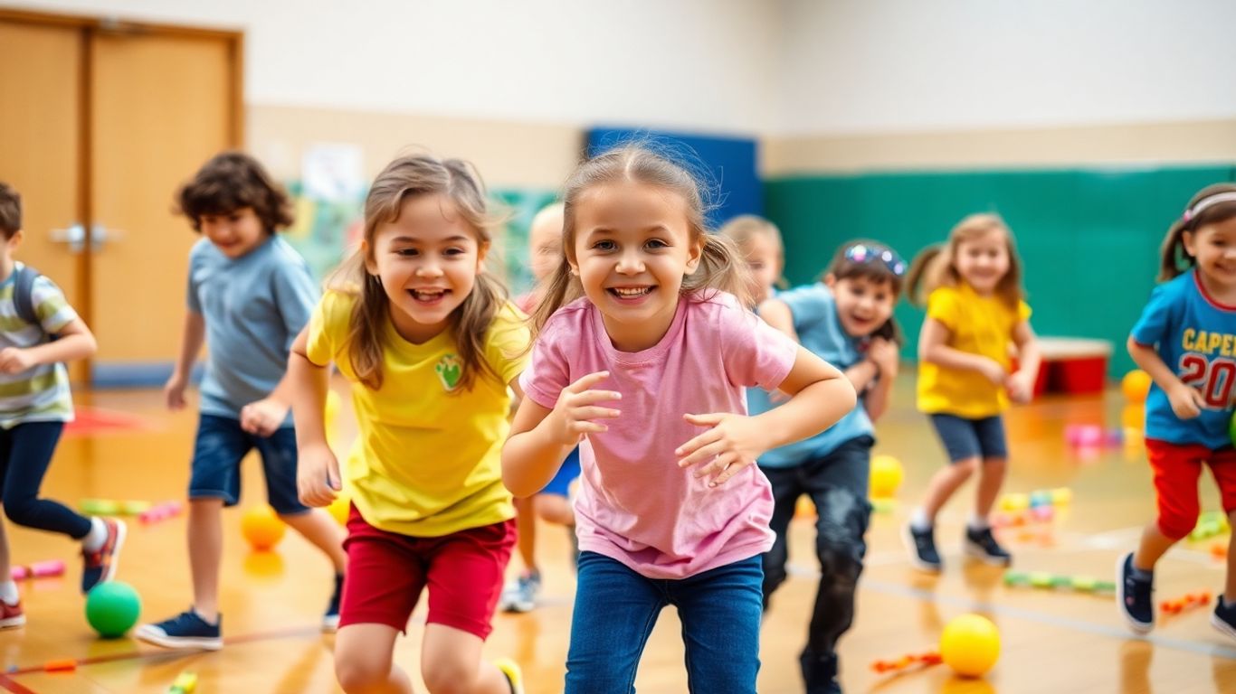 Grundschulkinder spielen und bewegen sich fröhlich im Sportunterricht.