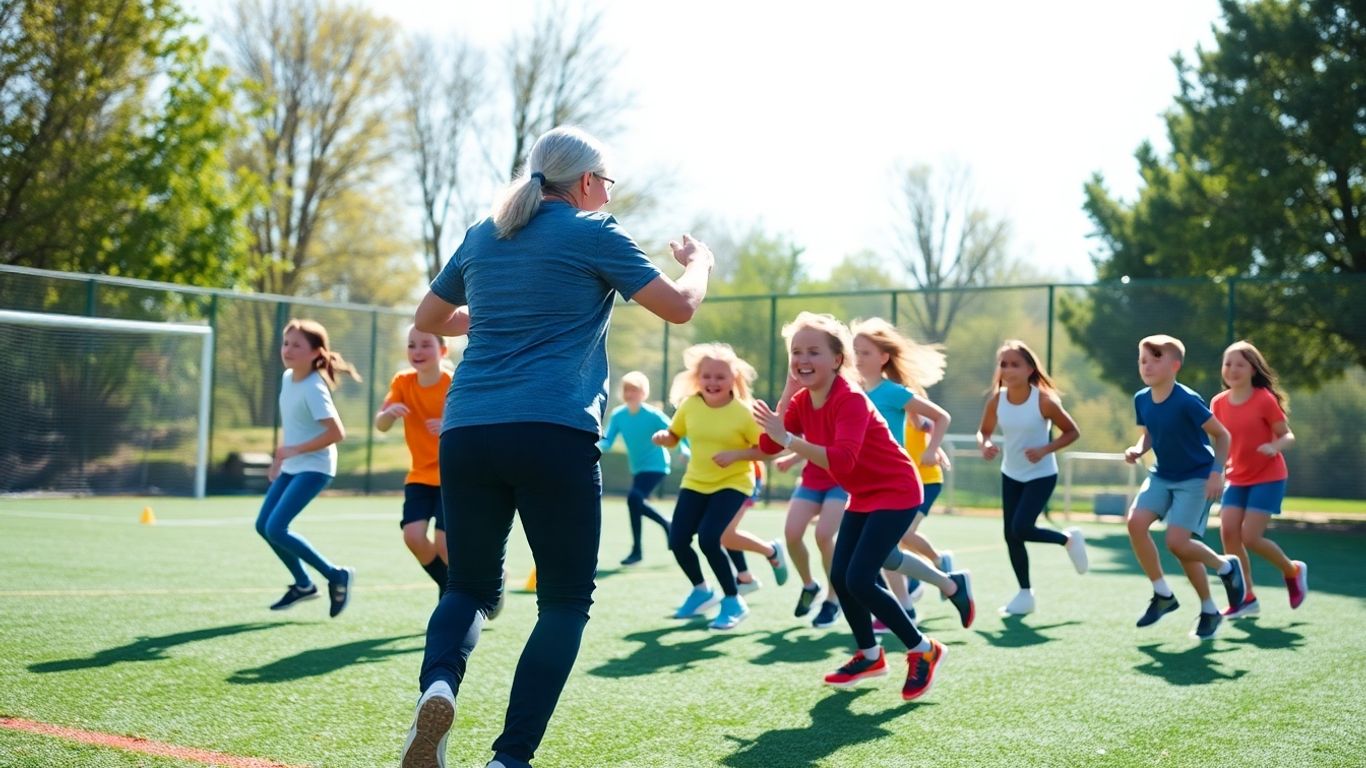 Lehrer leitet Sportunterricht mit aktiven Schülern im Freien.