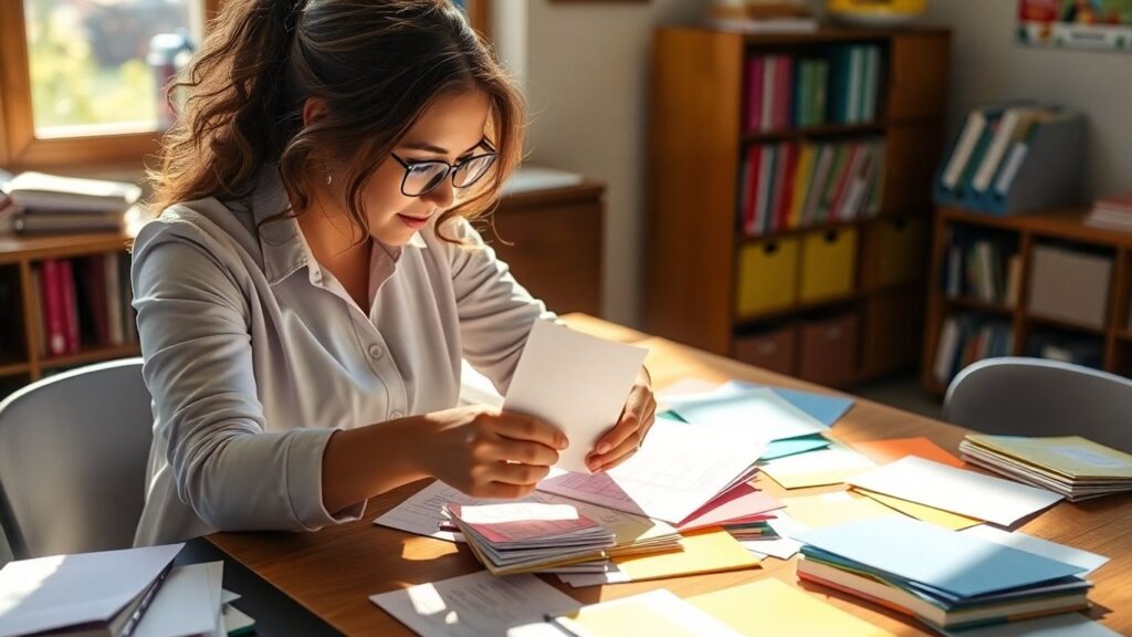Lehrer plant Unterrichtsmaterialien auf einem Schreibtisch.