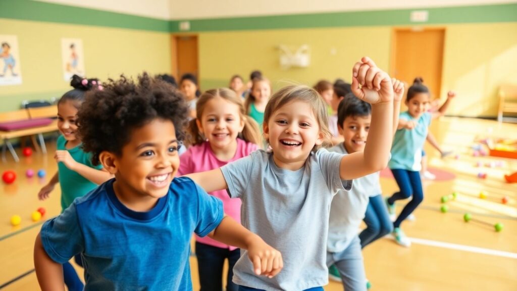 Kinder bewegen sich fröhlich im Sportunterricht.