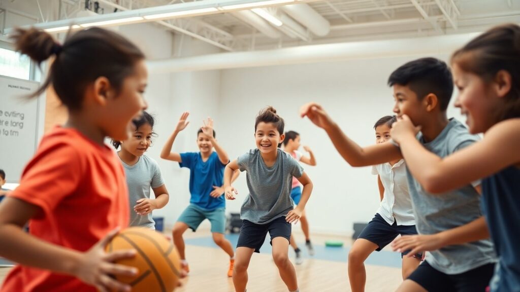 Schüler in moderner Sportstunde bei verschiedenen Aktivitäten.
