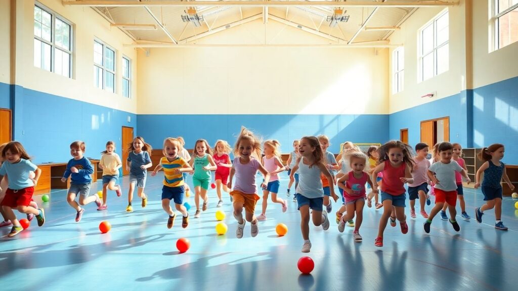 Erste Sportstunde: Kinder spielen und bewegen sich fröhlich im Turnsaal.