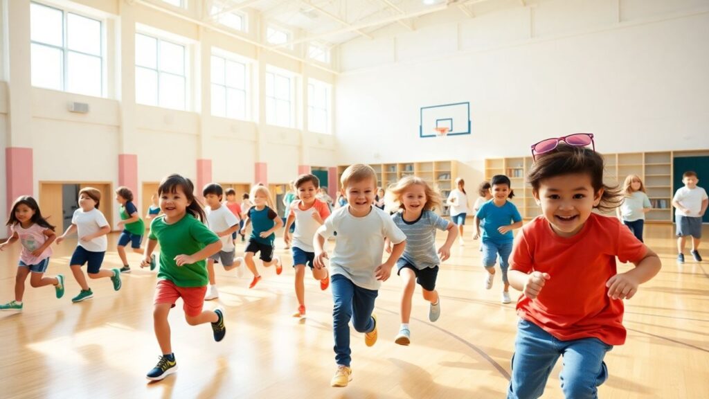 Grundschulkinder spielen und bewegen sich fröhlich im Sportunterricht.