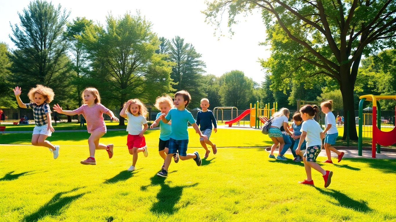 Kinder spielen und lachen im Freien bei Sonnenschein.