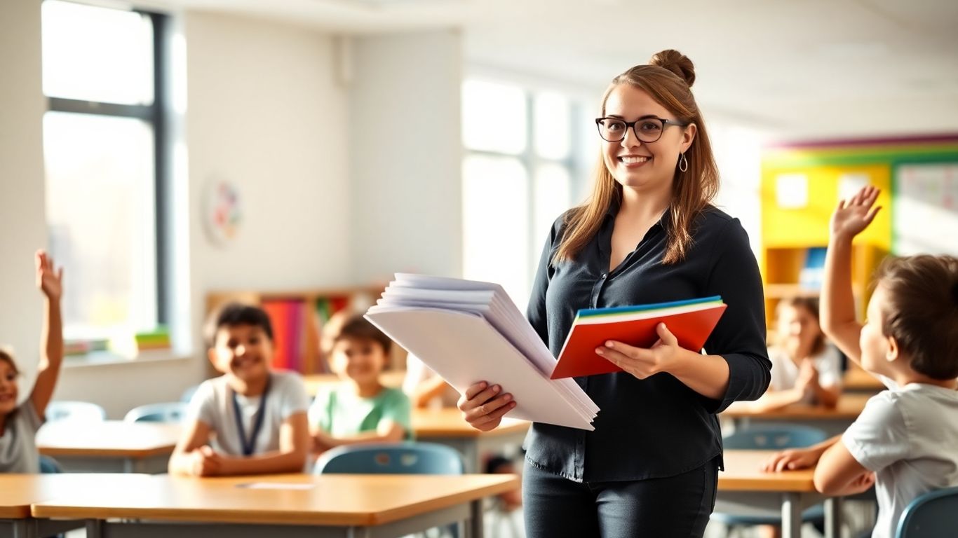 Lehrerin im Klassenzimmer mit Unterrichtsplänen und engagierten Schülern.