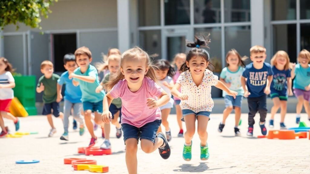 Grundschulkinder haben Spaß bei sportlichen Aktivitäten im Freien.