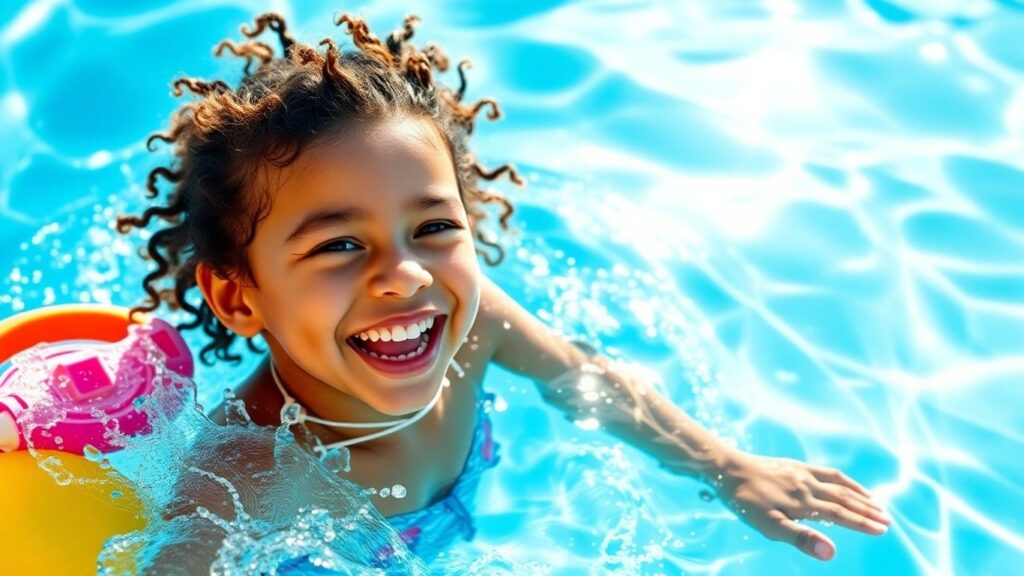 Kind planscht im Wasser mit Spielzeug