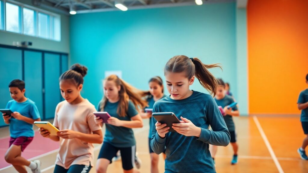 Moderne Sportklasse mit Schülern und digitalen Geräten
