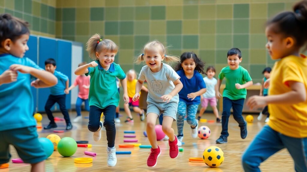 Kinder spielen und bewegen sich im Sportunterricht.