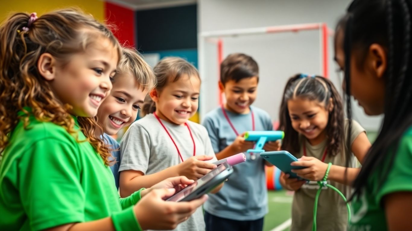 Kinder mit digitalen Geräten im modernen Sportunterricht