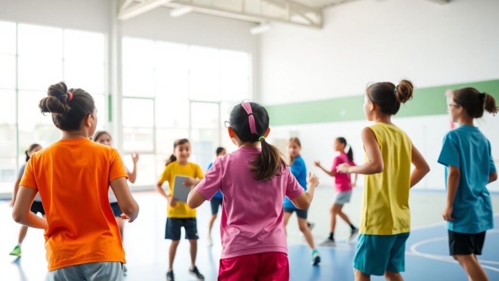 Sportunterricht mit aktiven Schülern und Trainer