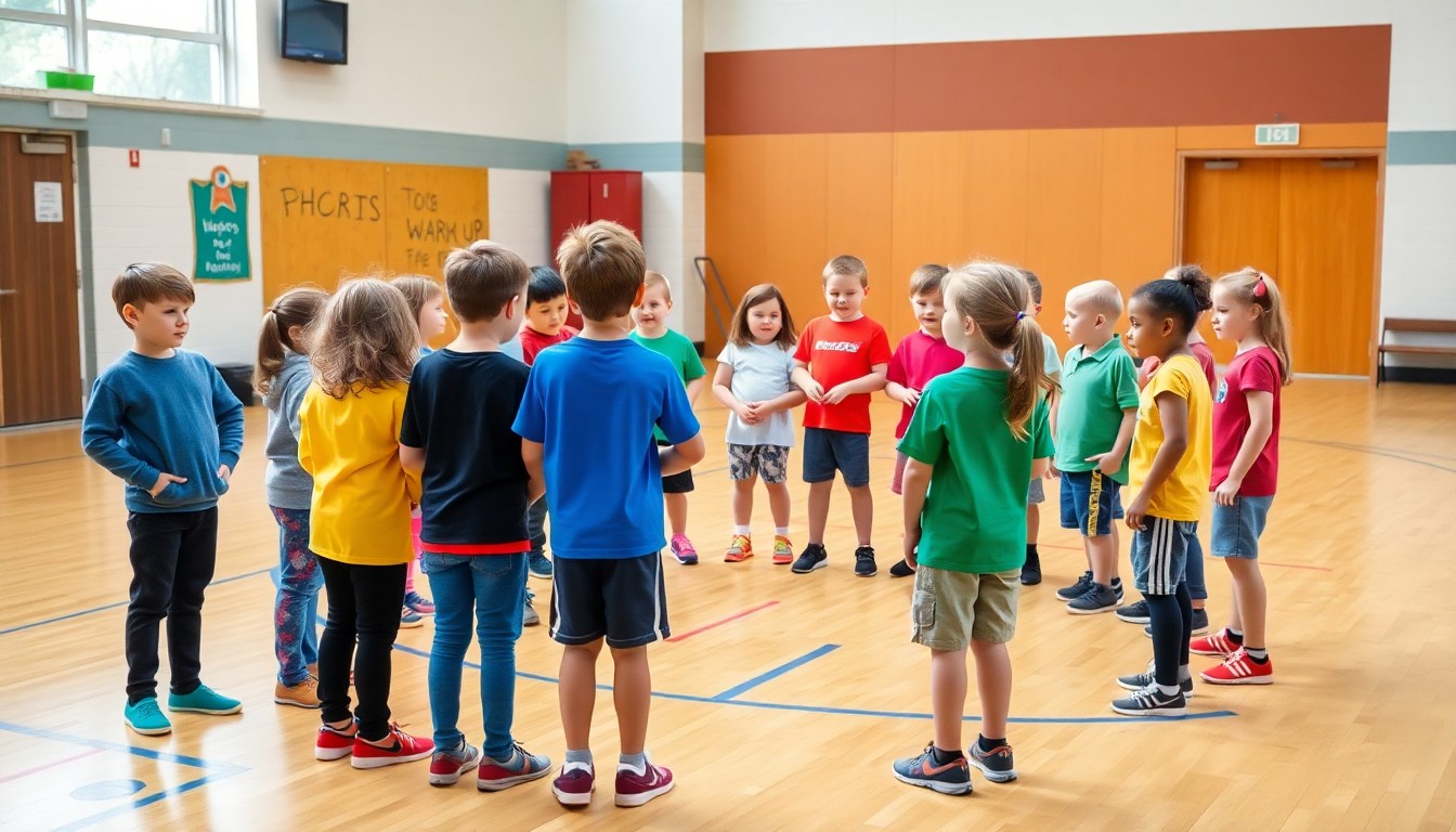 Grundschulkinder spielen ein Aufwärmspiel im Kreis in der Turnhalle