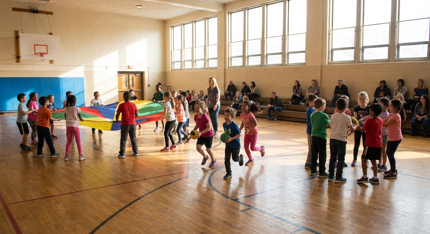 Kinder beim Teamwork-Sport in der Schulsporthalle