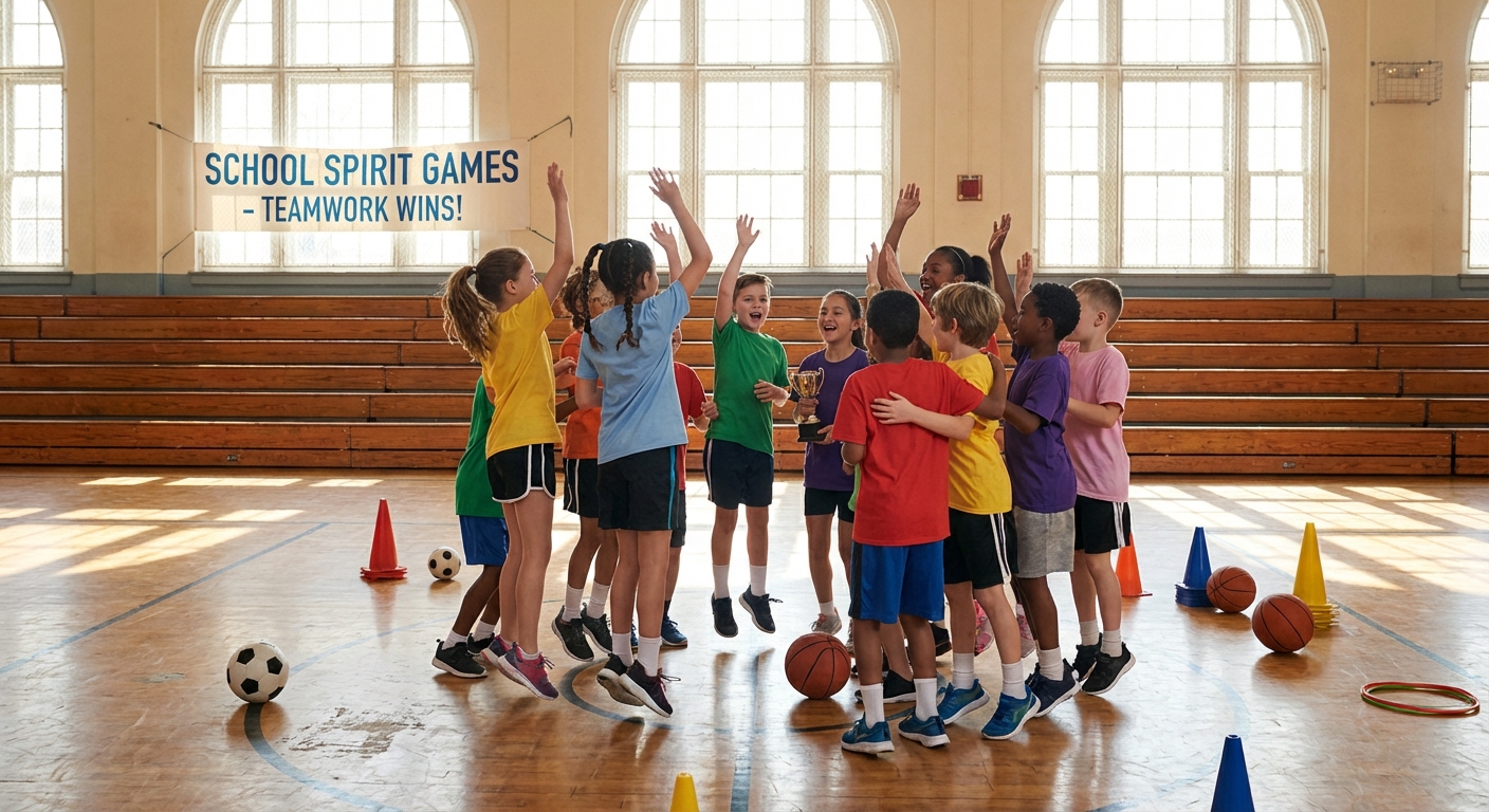 Glückliche Kinder feiern erfolgreiches Teamspiel in der Sporthalle