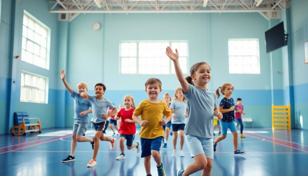 Kinder machen Aufwärmübungen in der Sporthalle