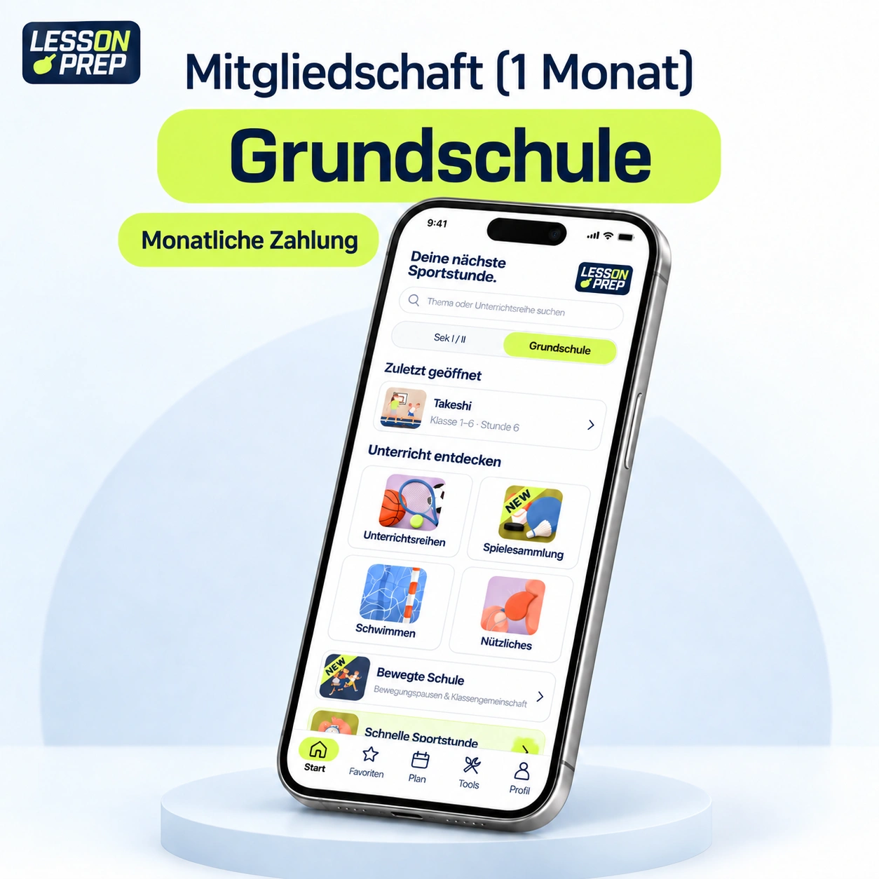 LessonPrep monat gs: aktuelle App im hellblauen Smartphone-Mockup.