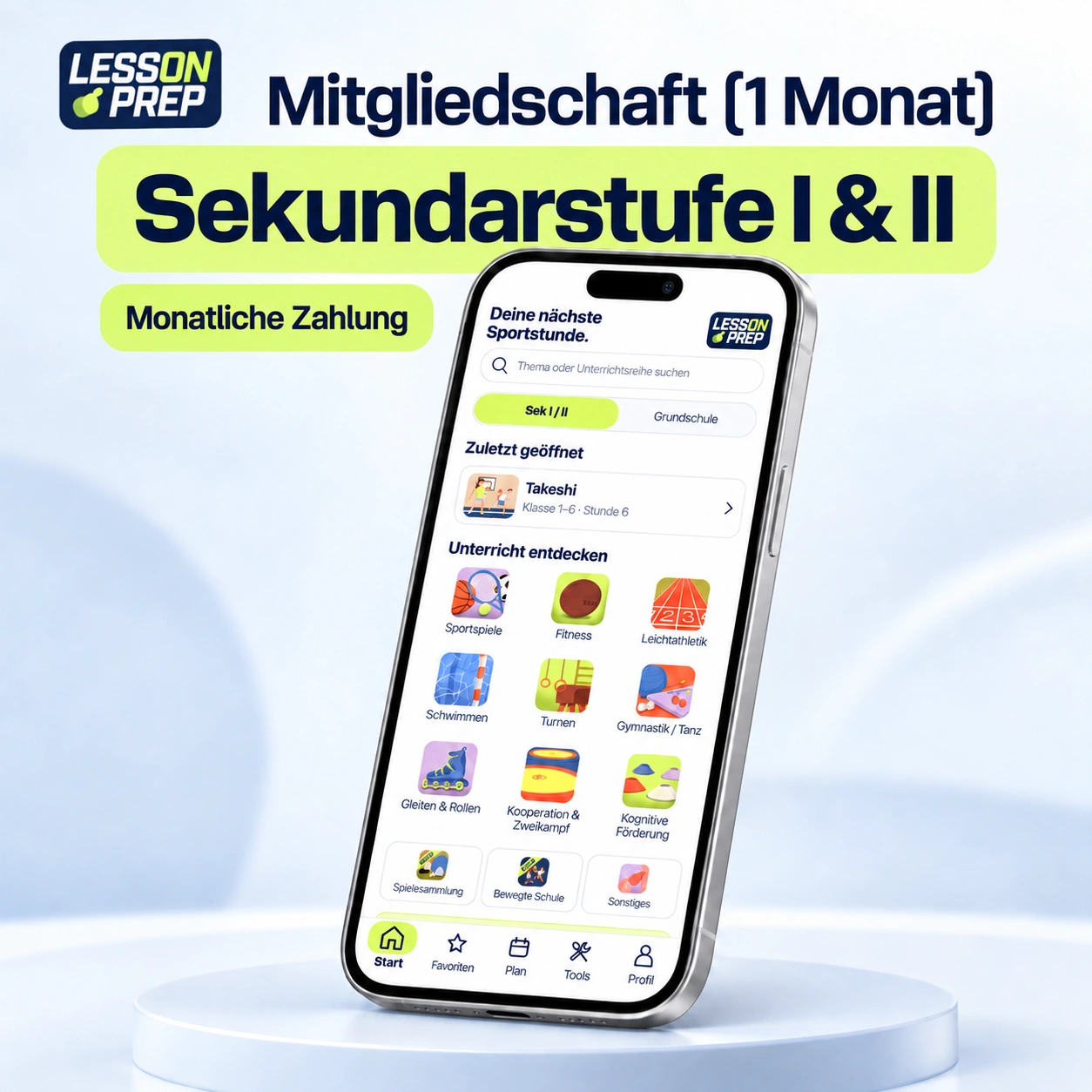 LessonPrep monat sek: aktuelle App im hellblauen Smartphone-Mockup.
