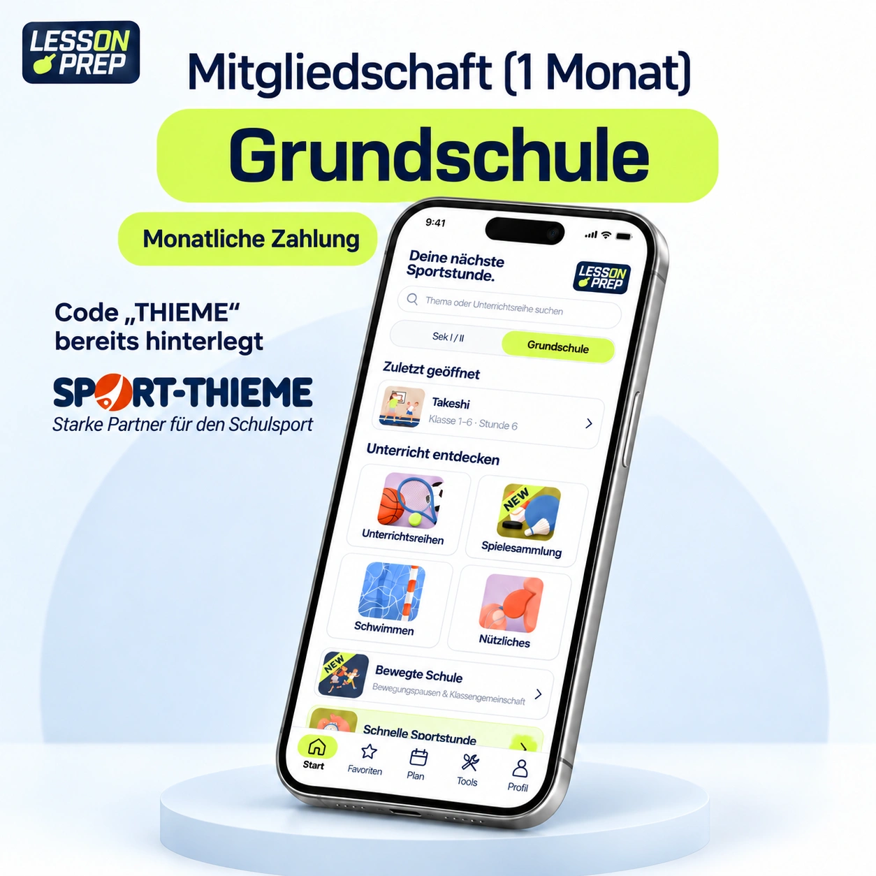 LessonPrep thieme gs: aktuelle App im hellblauen Smartphone-Mockup.