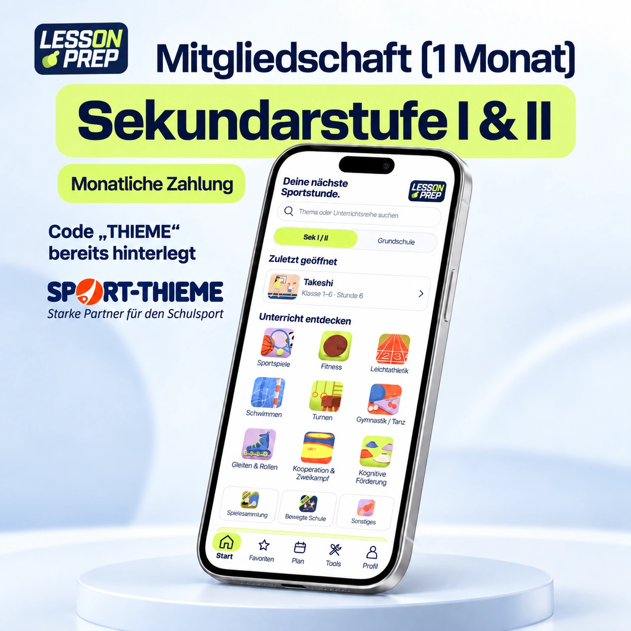 LessonPrep thieme sek: aktuelle App im hellblauen Smartphone-Mockup.